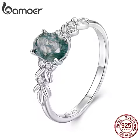 BAMOER Natural Agate Oval Statement Ring Retro Green Sea Grass Pattern Band Rings for Women 925 Sterling Silver Party Gift