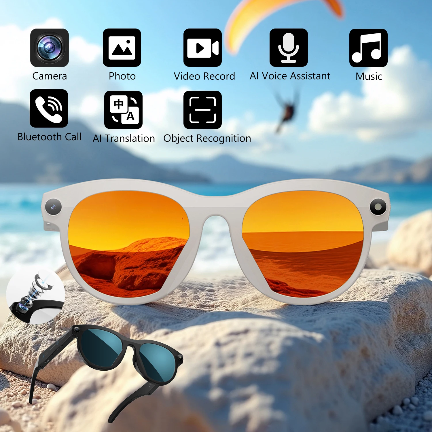 

Очки для умной камеры с искусственным интеллектом, запись видео, Bluetooth-вызов, голосовой помощник, музыкальный плеер, перевод, многофункциональные очки для камеры