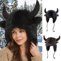 Bison Hat Plush Earflap Hat with Horns Fluffy Ear Headwear for Party Cosplay Props Furry Plush Snow Trapper Hat winter warm