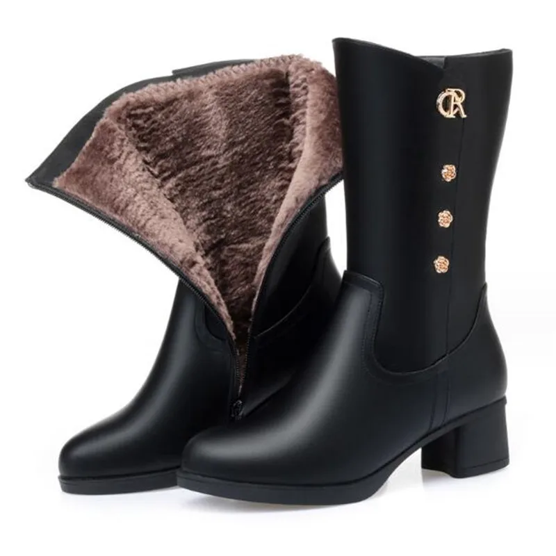 Women Leather Boots Genuine Leather Plush Boots Winter Warm Thick Heel Brand High-heeled Fashion Mid-Calf Snow Boots Women Shoe