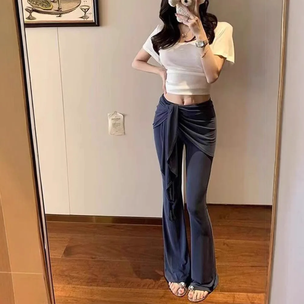 2025 New Fake Two Piece Tie Waist Flared Pants Slimming Leg Lengthening Trousers