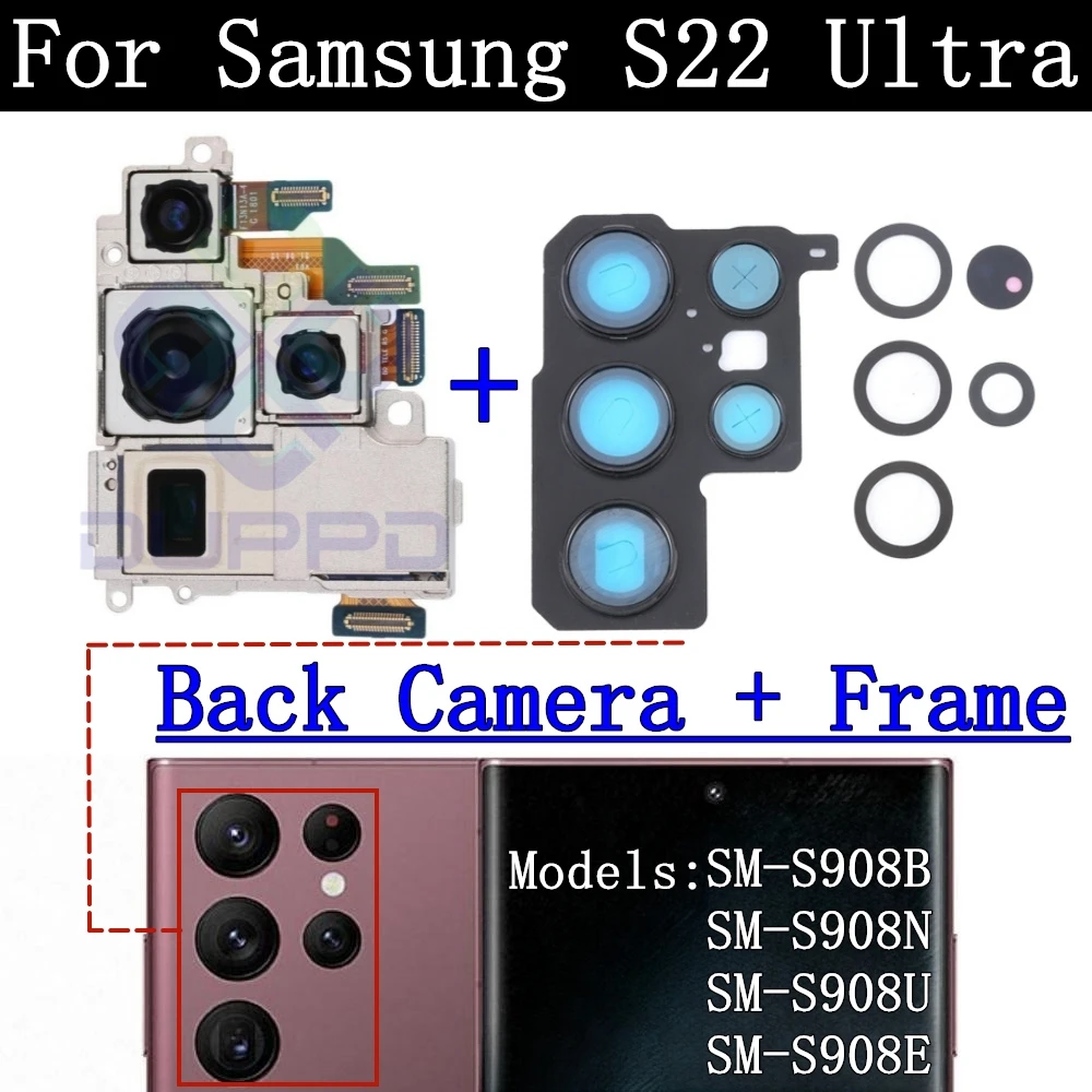 Rear Camera For Samsung Galaxy S22 Ultra Front Selfie Small Facing Main Wide Back Camera Module Flex Frame Glass Lens