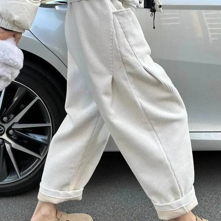 

plus Size Women's Thiened Fce Lined Corduroy Harlan Pants High Waist Loose Fit Long Trousers for Autumn Winter