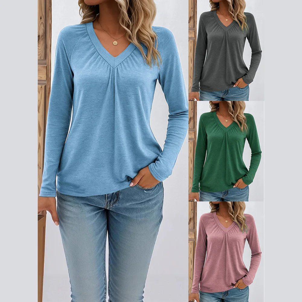 بلوزة كاجوال متعددة الألوان برقبة على شكل حرف V وأكمام طويلة للنساء من قماش البوليستر مناسبة لقضاء العطلات والاستخدام اليومي