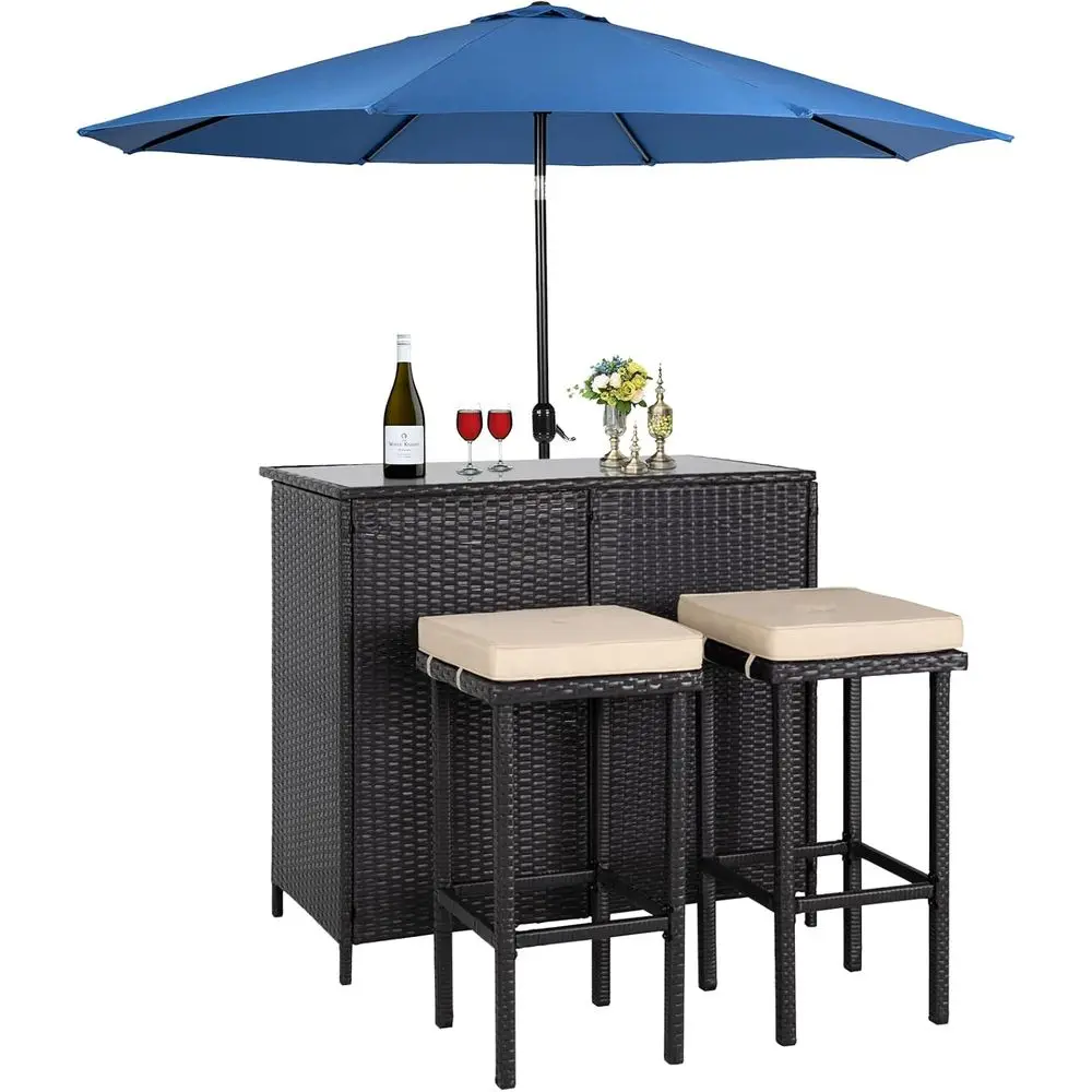 

3-Piece Outdoor Wicker Bar Set with 2 Stools and Glass Top Table, Brown Wicker Patio Bar Table, Includes Blue Patio Umbrella