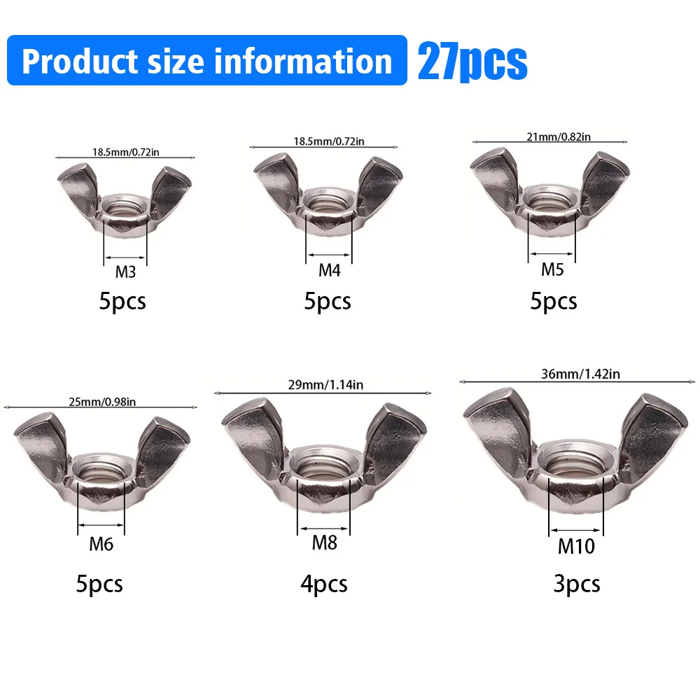 27 Stainless Steel Wing Nuts, M3 M4 M5 M6 M8 M10, Wing Nut Sorting Kit for Easy Installation and Removal.