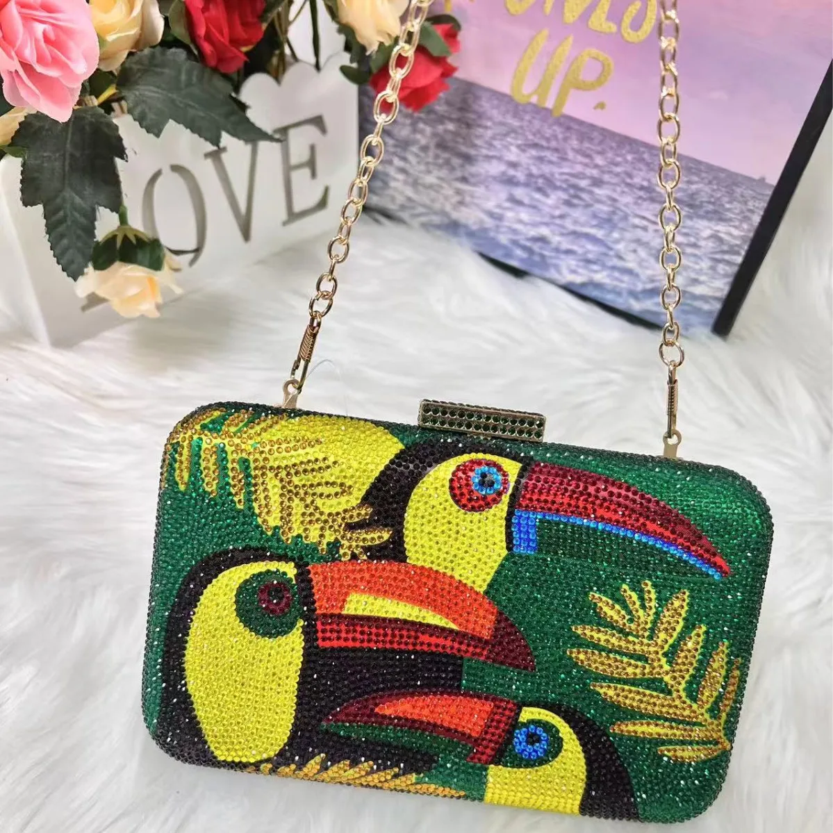 Novelty Toucan Bird Women Crystal Evening Bags Rhinestones Box Minaudiere Clutch Party Cocktail Handbag Diamond Chain Purse image 2