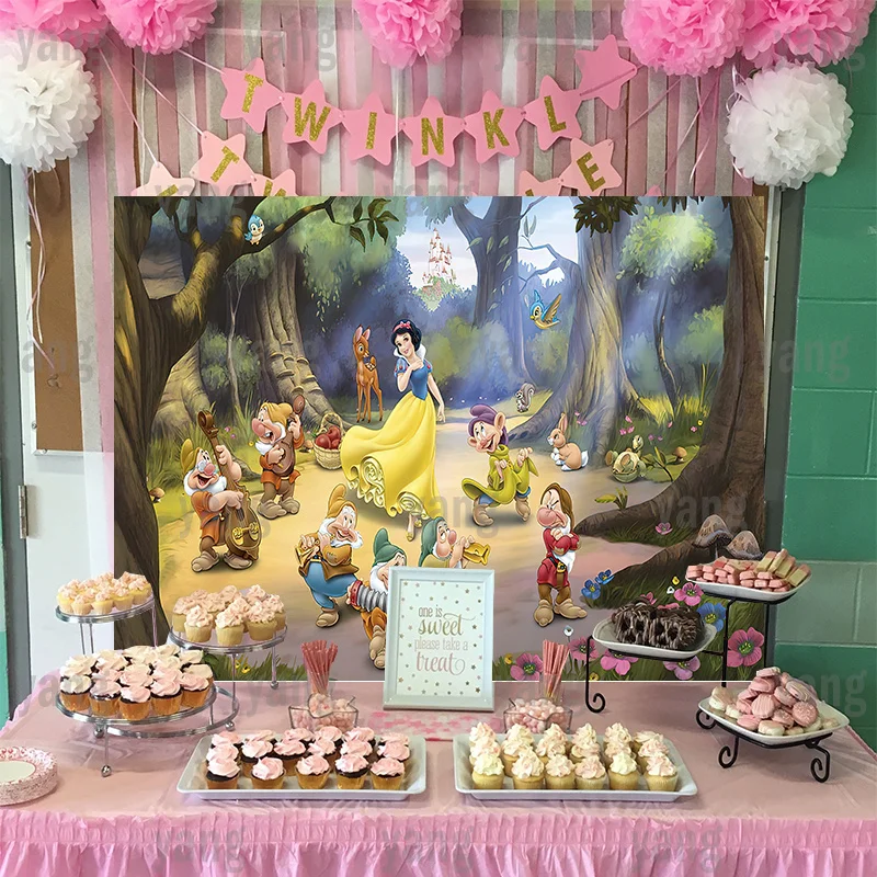 Disney Cartoon Snow White Princess Custom Lovely Seven Dwarfs Birthday Party The Forest Ball Backdrop Photography Background