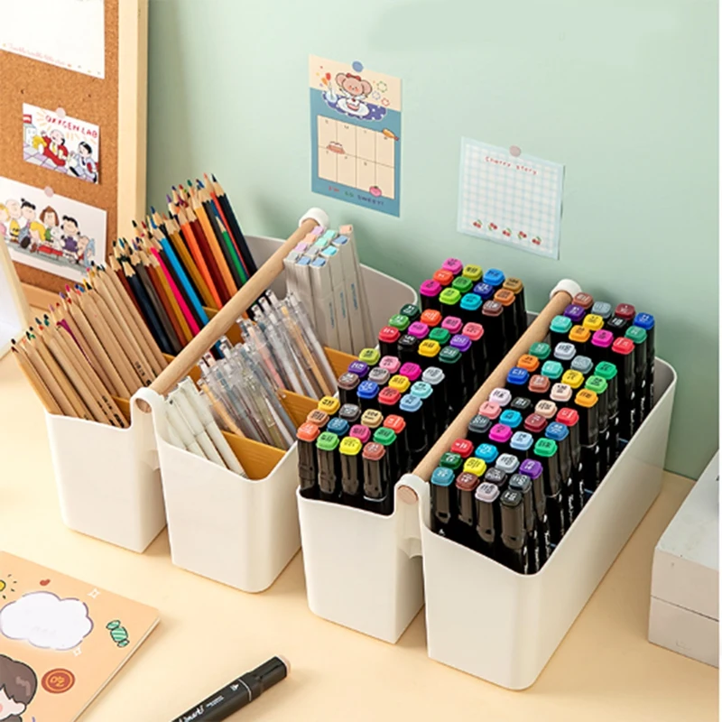 HOT-2 Pack Pen Holder Desk Caddys With Wooden Handle, Art Crafts Storage Organizer With Adjustable Compartments