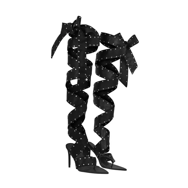 Runway Studded Thigh High Sandals, Cross Wrap Strap Stiletto Heels, Sexy Gladiator High Heels, Night Club Party Fashion Shoes