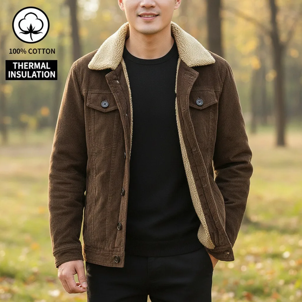 

Cotton Corduroy Jacket Winter Male Causal Working Lightweight Fur Collar Button Padded Jacket Vintage Warm Windbreaker Cardigan