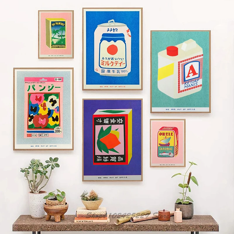 Japanese Milk Tea Can Sardine Mural Palm Tree Match Box Packaging Poster Canvas Printing Painting Kitchen Decoration