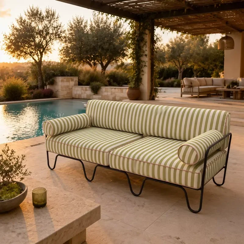 Nordic Stainless Steel Outdoor Sofa Modern Minimalist 3 Seater Patio Settee With Waterproof Cushions for Villa Lounge