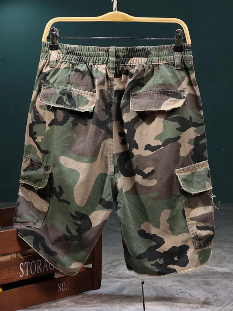 Streetwear Mens Camo Tactical Cargo Shorts Summer Fashion Distressed Ripped Studded Multi-Pocket Casual Work Hiking Shorts Man