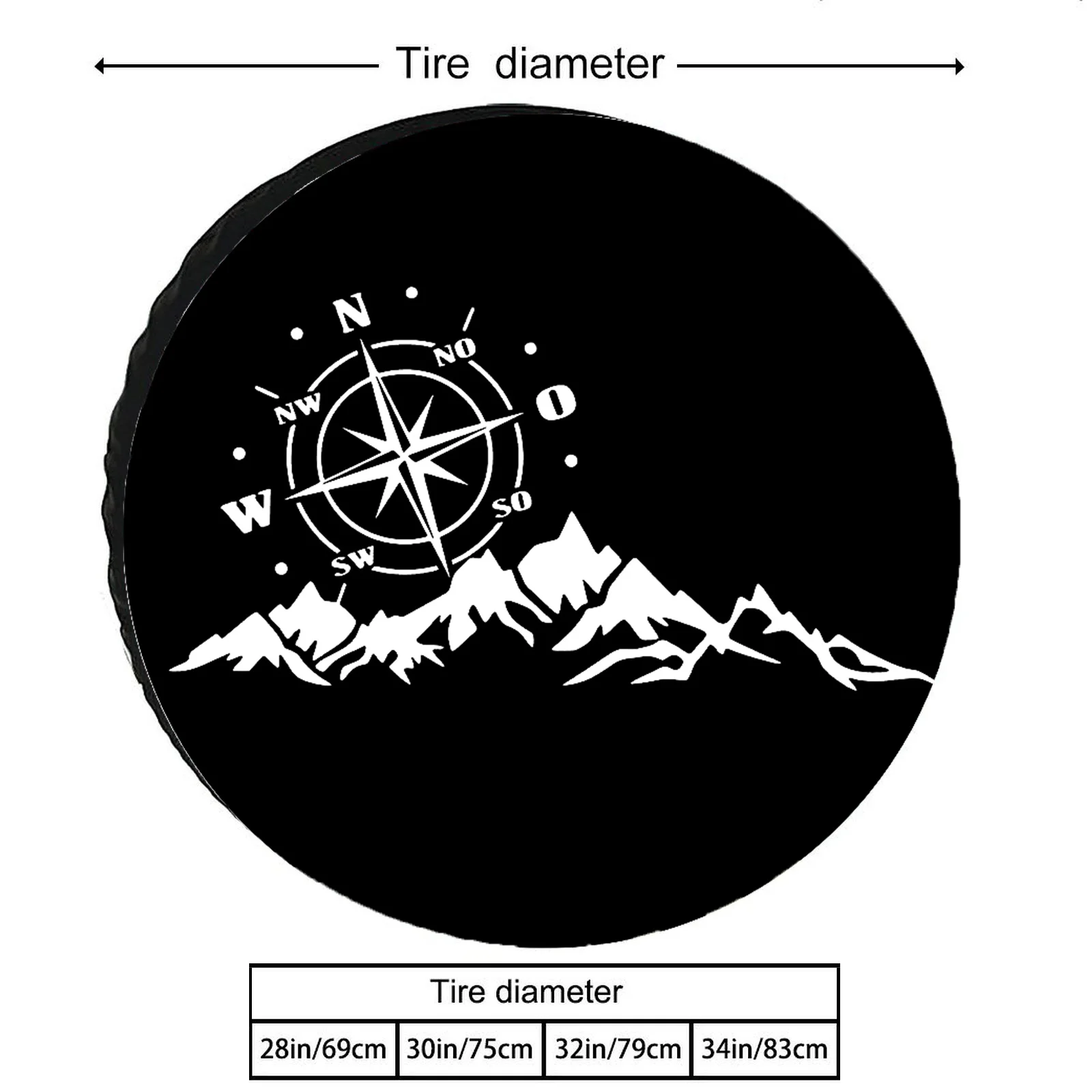 Black And White Compass Mountain Pattern, Tire Cover And Spare Tire Cover Made Of Polyester Material, 28/30/32/34 Inches, Suitab