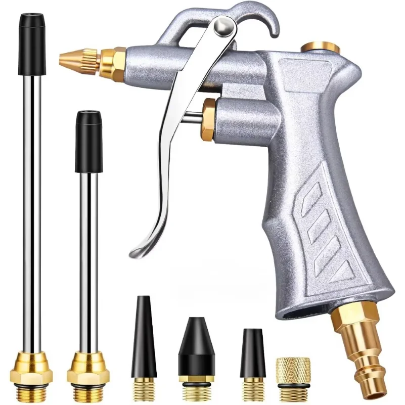 Industrial Air Blow Gun with Brass Adjustable Nozzle & 2 Steel Extensions, Pneumatic Dust Cleaning Tool