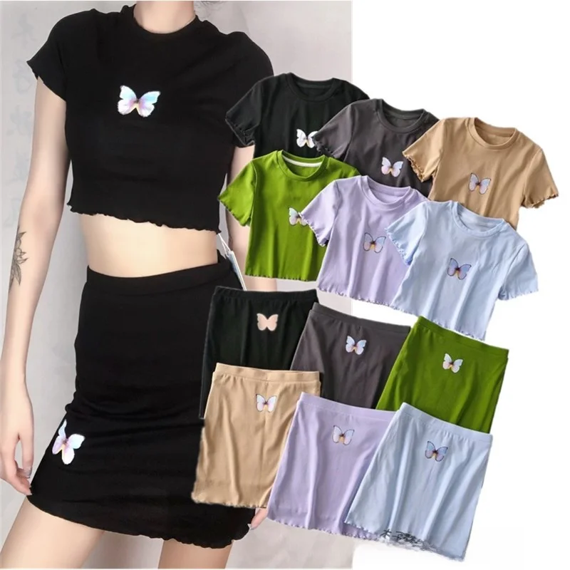 Rundes Ne ort Sve T-Shirt Top + hohe Taille elastischer Schlankheitsrock Print Set Baumwolle Sommer Faion Damen Ens...