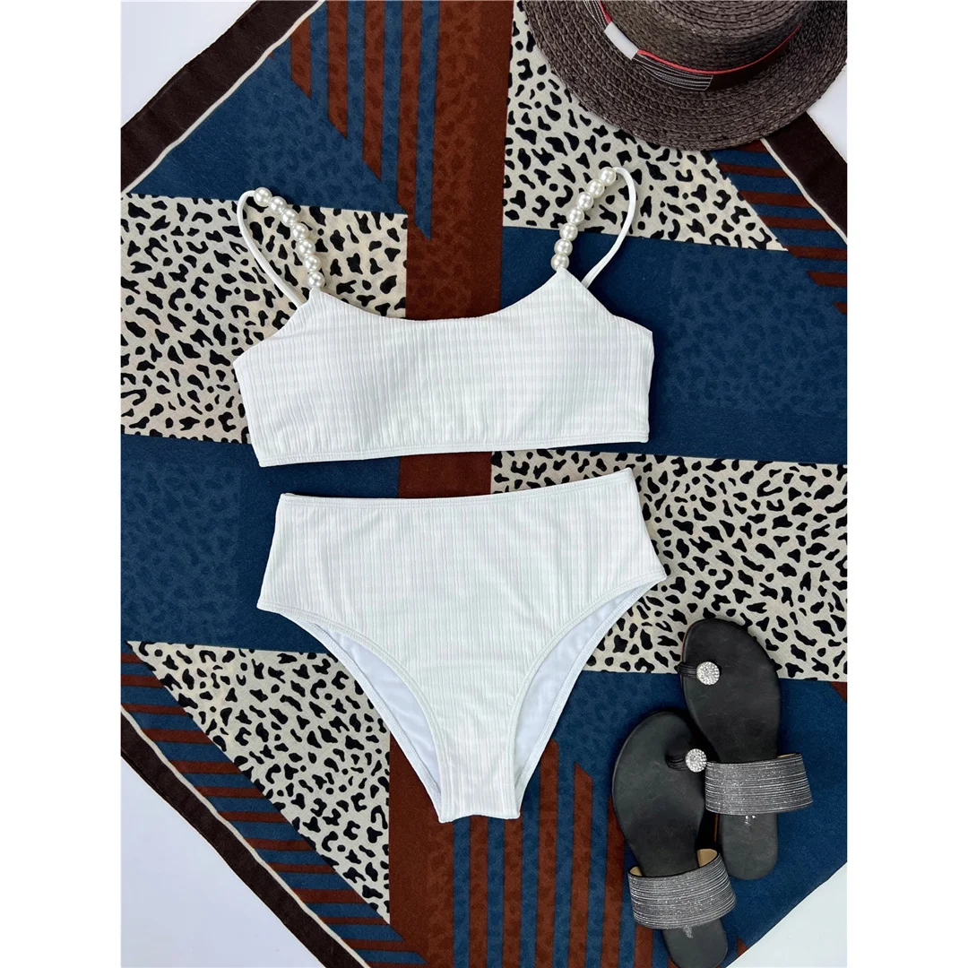 Perlen-Bikini mit geripptem, hoch geschnittenem Bund, Damen-Badeanzug, zweiteiliges Bikini-Set, gepolsterter Badeanzug, Badebekleidung für Damen, V4352. – Detail 9