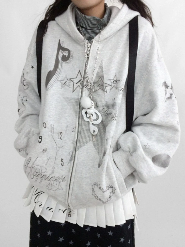 

Subculture Harajuku Vintage Safari Coats with Hooded Women Zipper Sweatshirts Casual Streetwear Grunge Jacket Y2k Stand Neck