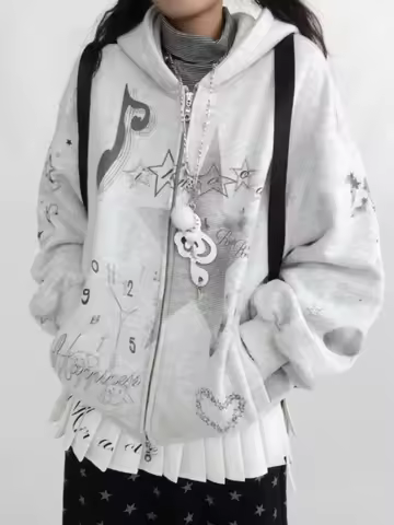 Subculture Harajuku Vintage Safari Coats with Hooded Women Zipper Sweatshirts Casual Streetwear Grunge Jacket Y2k Stand Neck