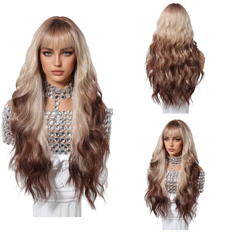 

Rooted Ombre Blonde to Brown Water Wave Wig for Women Heat Resistant Synthetic Wig with Bangs for Daily Party Cosplay