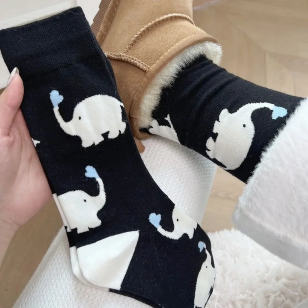 Cute Elephant Socks for Men and Women Japanese Trend Internet Celebrity Cartoon Korean Version Black White Gray Mid Tube Socks