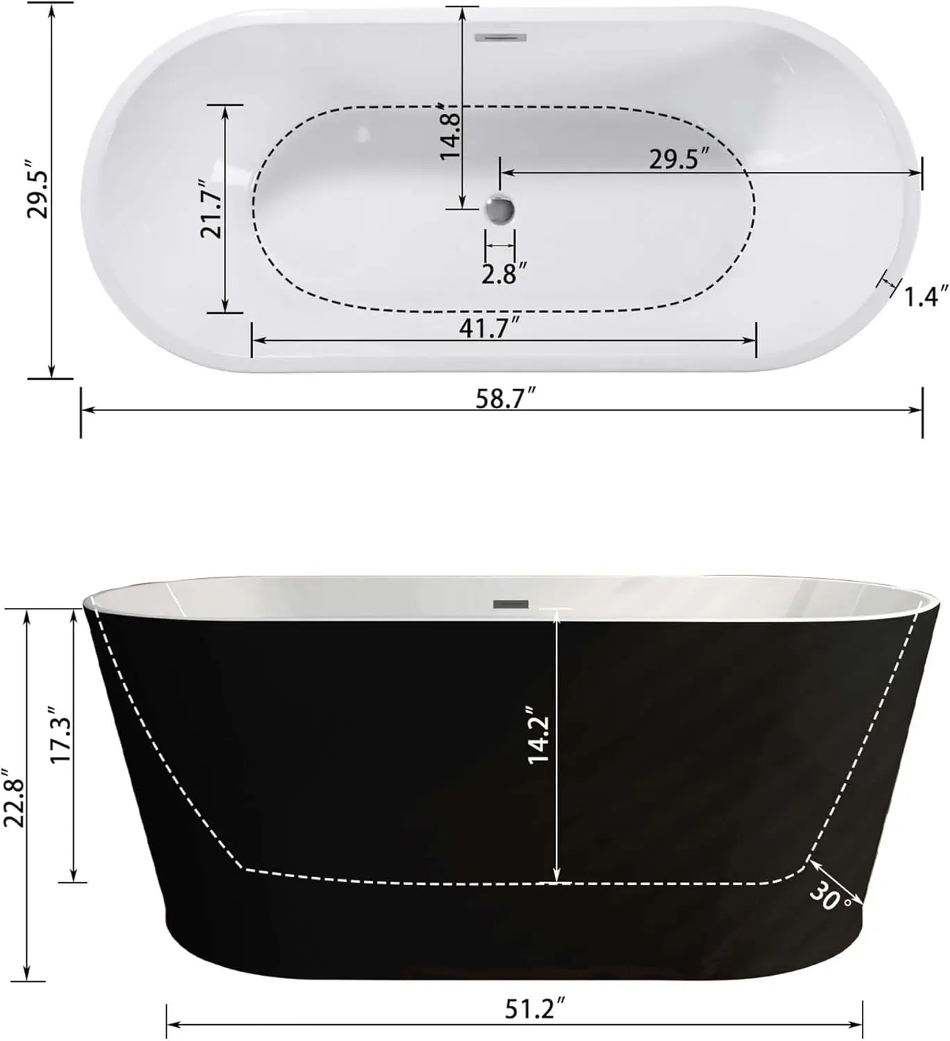 Bathtub for Bathroom: Black and White Soaking Tubs - Oval Shape Chrome Overflow and Drain for Home Women Men