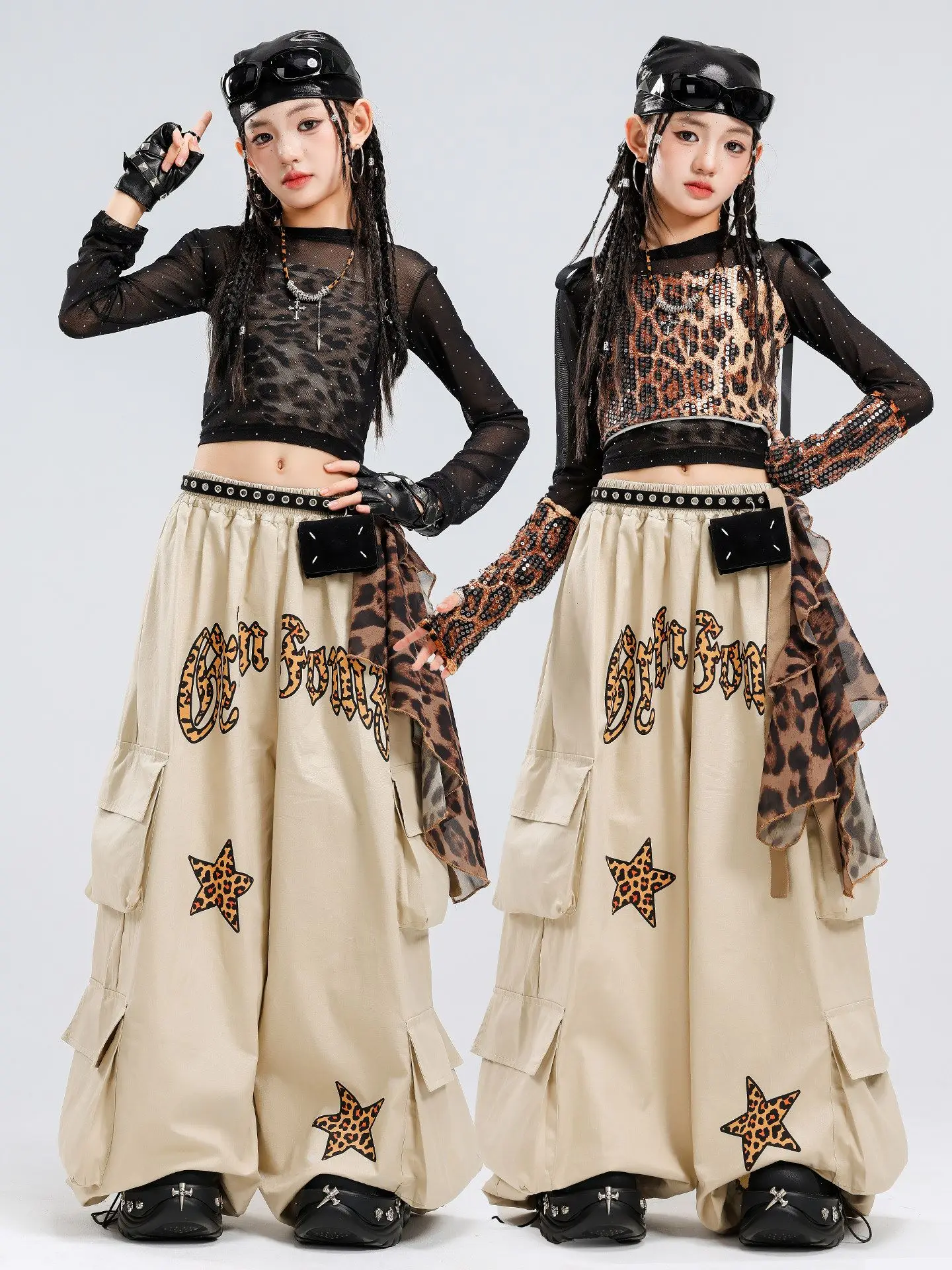 Kpop Jazz Dance Clothes Girls 2026 Fashion Street Wear Leopard Vest Mesh Tops Khaki Hip Hop Pants Kids Performance Suit BL20132