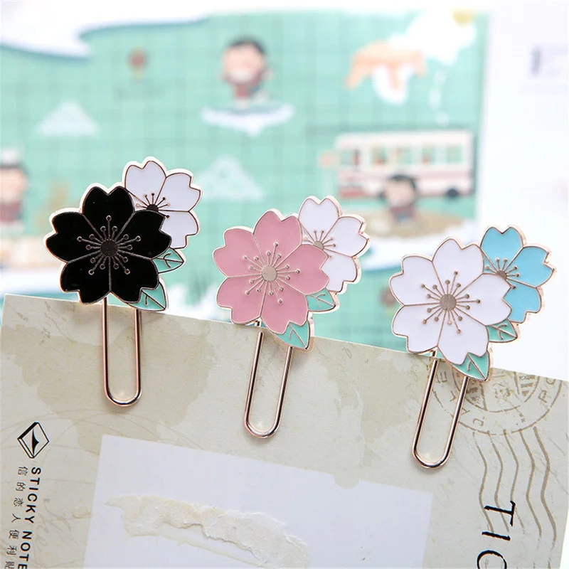 1piece Cherry Pen Holder Book Clip bookmarks Metal Romantic Blossom Bookmark Memo Paper Clips Binding Stationery Delicate Gift