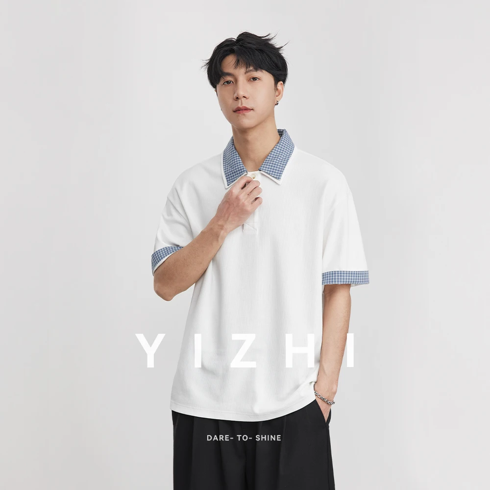 American Retro Plaid Splicing POLO Shirt Men 2026 Summer Loose Short-sleeved T-shirt Fake Two-piece