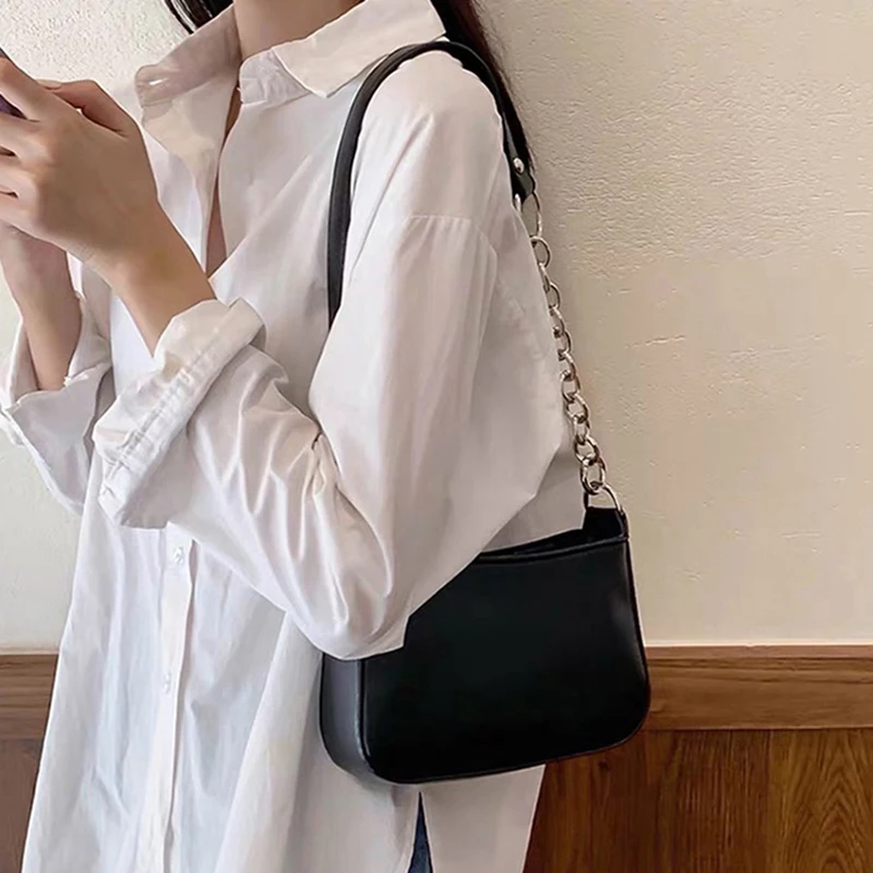 Armpit Bag for Women Stitching Metal Ring Purse Underarm Bags Street Zipper PU Handbag Ladies Solid Shoulder Handbag Black White