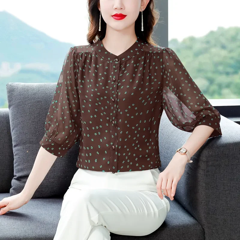 

Женская шифоновая блузка с цветочным принтом, воротником-стойкой и рукавом 3/4, весна-лето, новая, омолаживающая, свободного кроя, приталенная