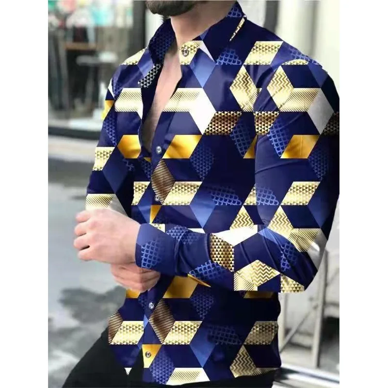 Men's Starry Sky Natural Geometric 3D Print Long Sleeve Lapel Shirt Gradient Design Hawaiian Beach Casual Shirt Outside Wear