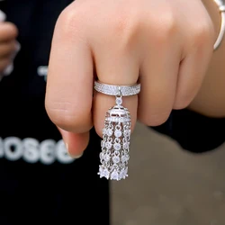 CWWZircons Luxury Chunky Cubic Zirconia Paved Long Dangle Drop Tassel Charm Party Wedding Rings for Women Unique Jewelry R288