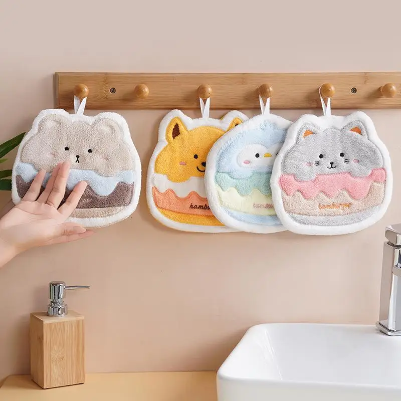

Cartoon Burger Animal Towel Hanging Kitchen Hand Wipe Thickened Handkerchief Rag Absorbent With Hanging Loop Bathroom Supplies