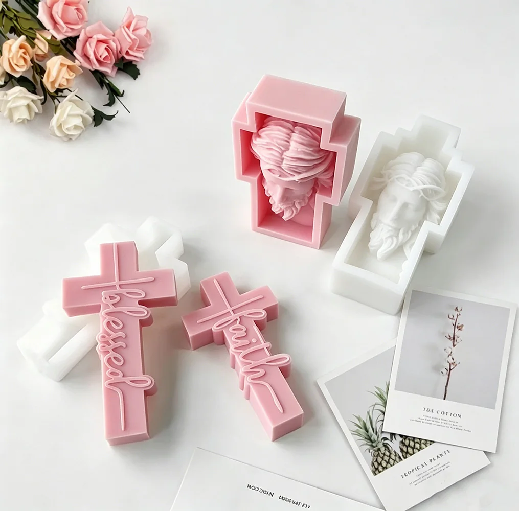 Portrait Face Silicone Mold Jesus Sculpture Cross Aroma Candle Resin Plaster Ornament Mold Home Decor Crafts Making Mould