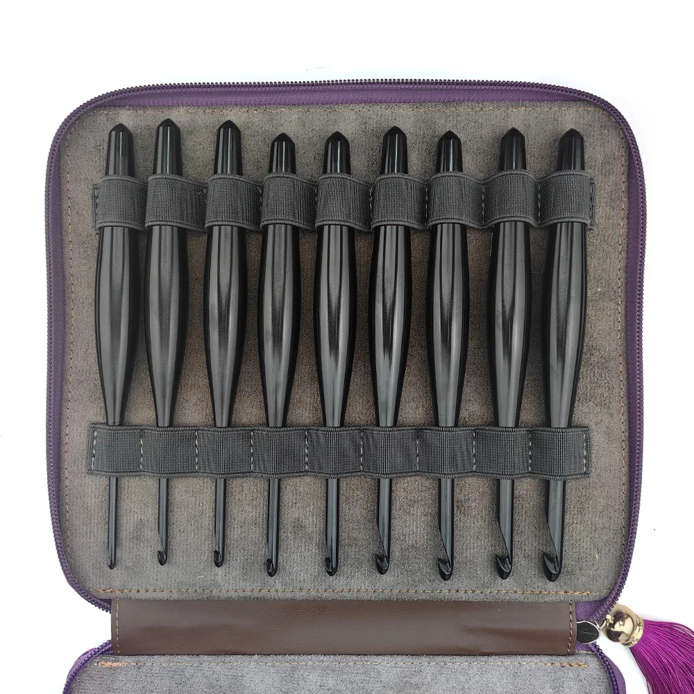 Ergonomic Aluminum Crochet Hooks Black Hand Polished 9 Pcs Set 17.5cm 3.5mm To 8.0mm Amigurumi Blankets Scarves Crochet Kit