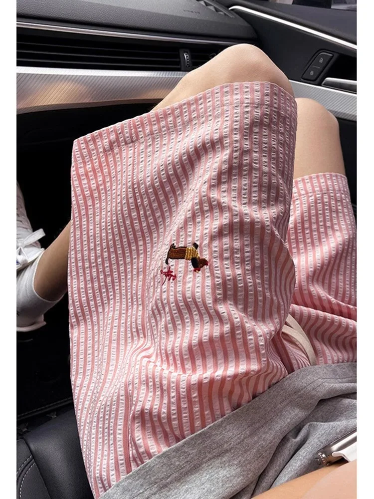 

Retro Striped Short Pants for Boys Summer Trendy Brand Embroidery Bubble Cloth Five-Quarter Length Beach Couple Casual Shorts