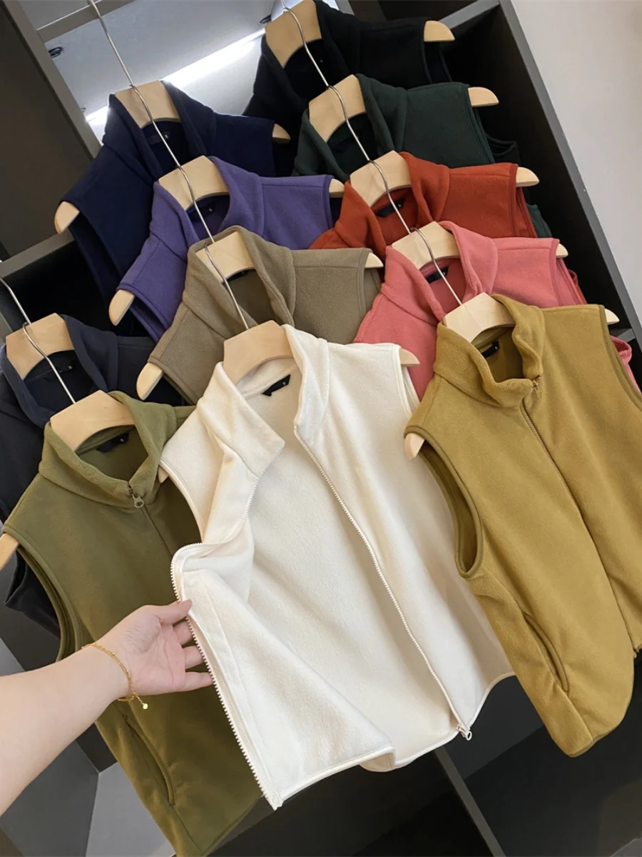 

Couple's Sle Fce Vest Pure Color Stand Collar Layering Women's Jaet Try Room 2024 Spring Faion Ladies Vest