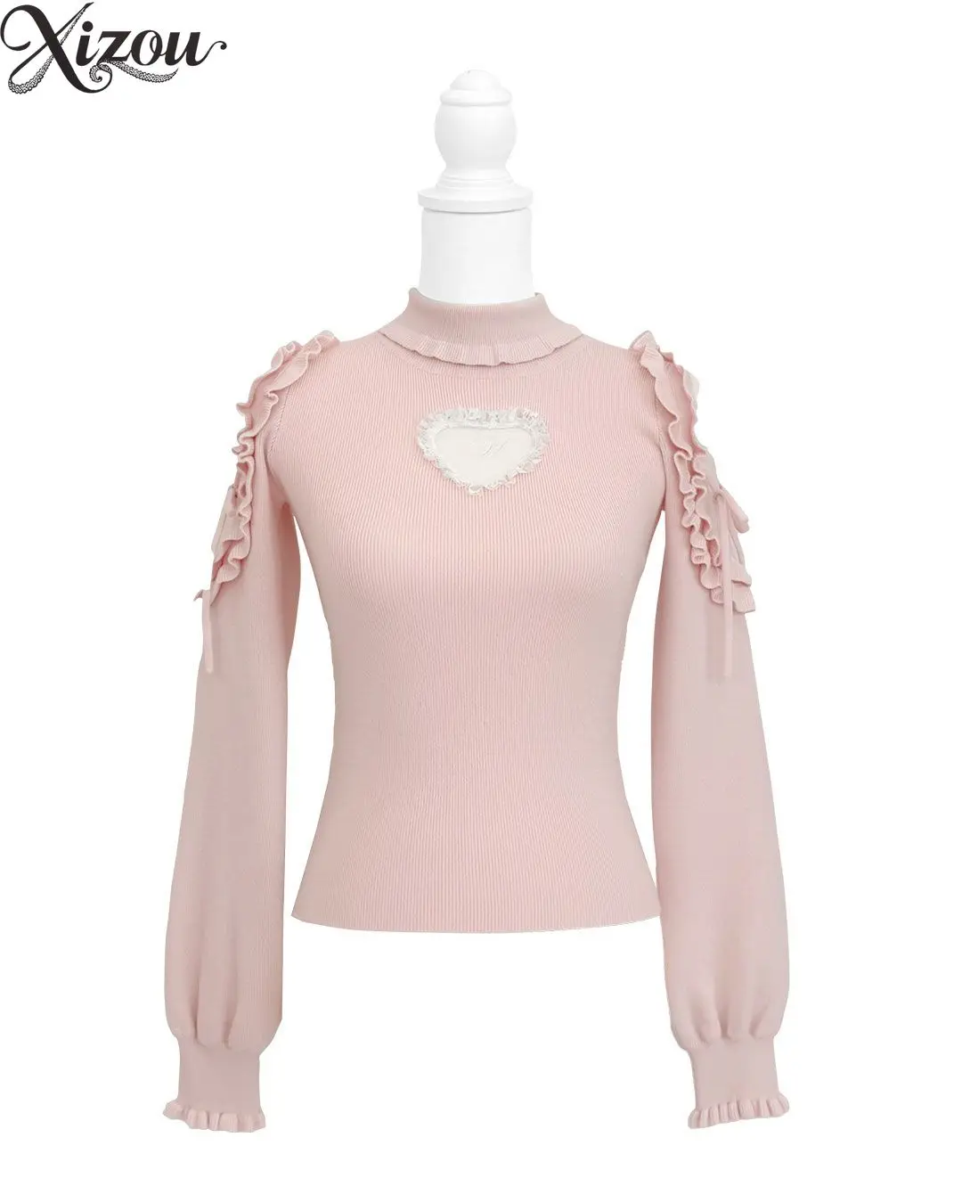 

Japanese Style Autumn Winter Heart Hollow High Neck Knitted Sweater Ruffled Lantern Sleeve Slim Fit Pullover Sweater for Women