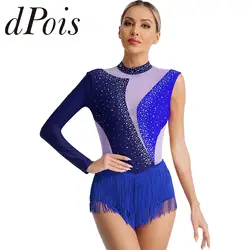 Womens Gymnastics Jumpsuits Femme Figure Skating Tassel Leotard Mesh Patchwork Long Sleeve Fringed Bodysuit Latin Dance Costume