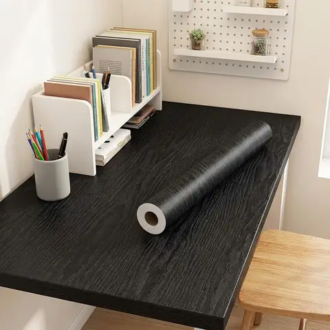 Papel de parede com textura de madeira preta, película adesiva de PVC para móveis, armários de cozinha, adesivos autoadesivos de vinil para cozinha.