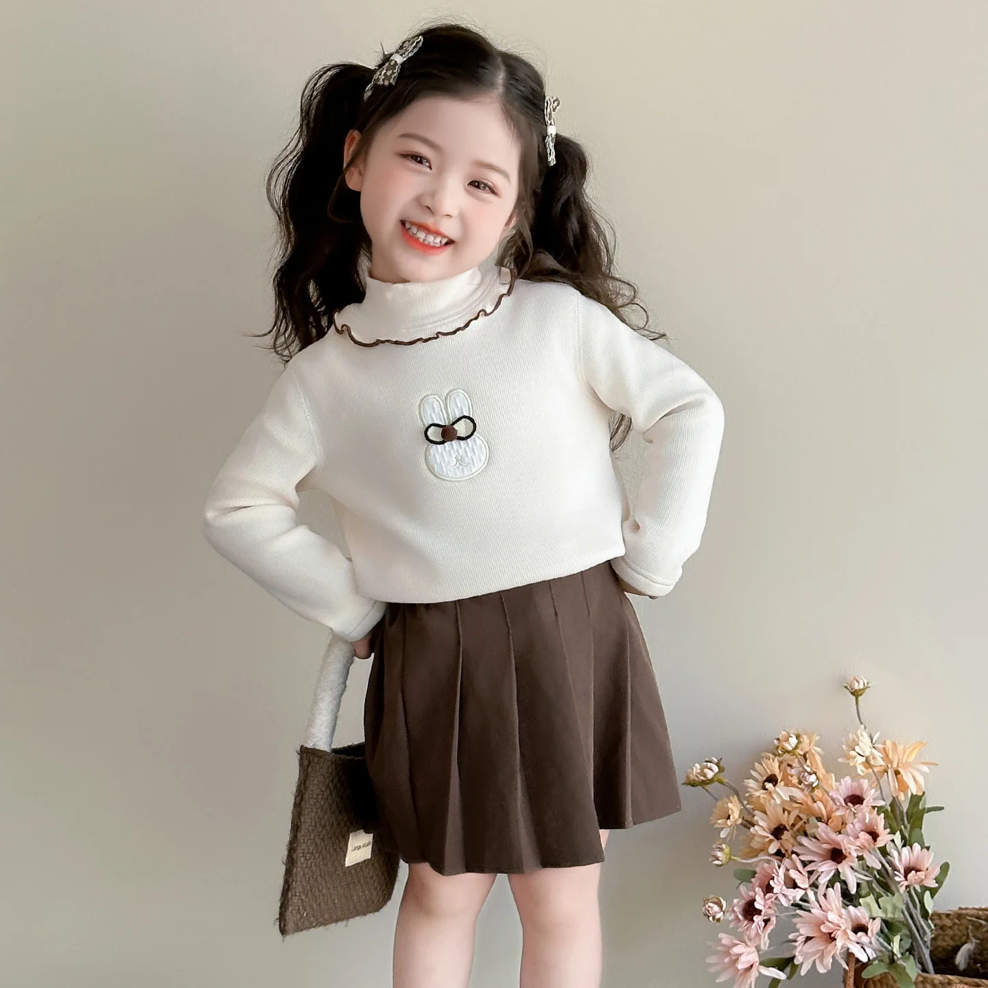 

1-8Y Baby Girl T-shirt Winter Rabbit Print Thick Warm Toddler Kids Girl Shirt Turtleneck Velet Versatile Chidren Girl Undershirt
