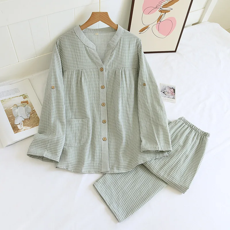 New spring and autumn ladies pajamas set 100%cotton gauze four seasons long-sleeved trousers two-piece simple plaid home service