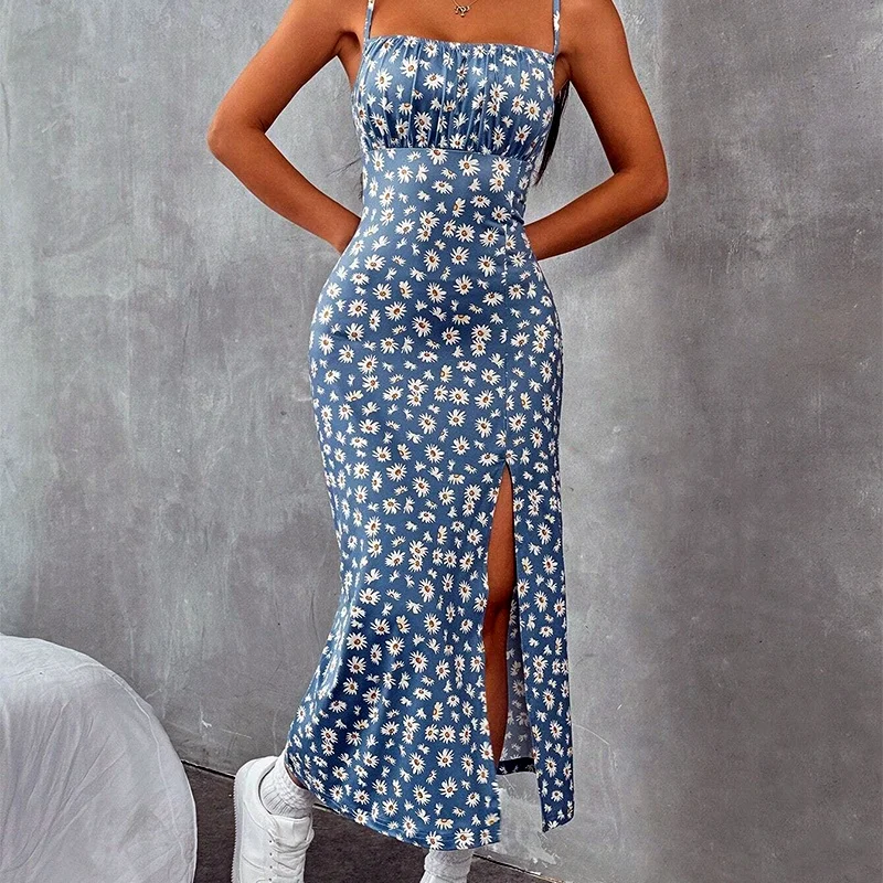 

The Cami Dress With Small Flower Prints A Backless Design And Thin Spaghetti Straps Is Suitable For Beach Vacations And Summer