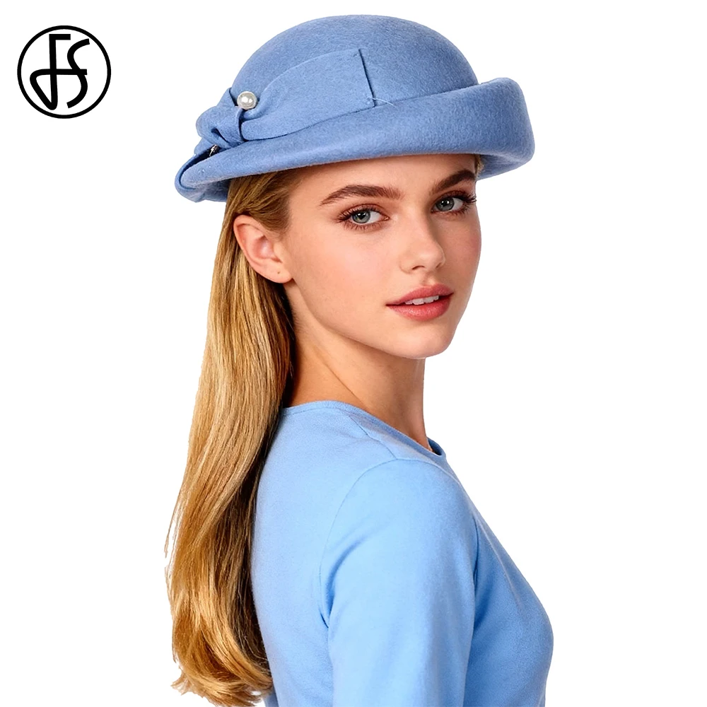 fs-高級ブルーウールベレー帽女性用ロイヤルウェディングファシネーターハットヴィンテージ教会帽子カクテルパーティーキャップちょう結び付きシャポー