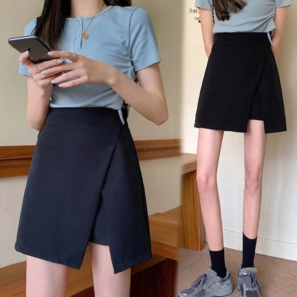 

Korean Style Slit Women's A-line Skirt Y2K Spicy Girl Style Mini Shorts Skirt Asymmetric Skirt with Safety Shorts Club