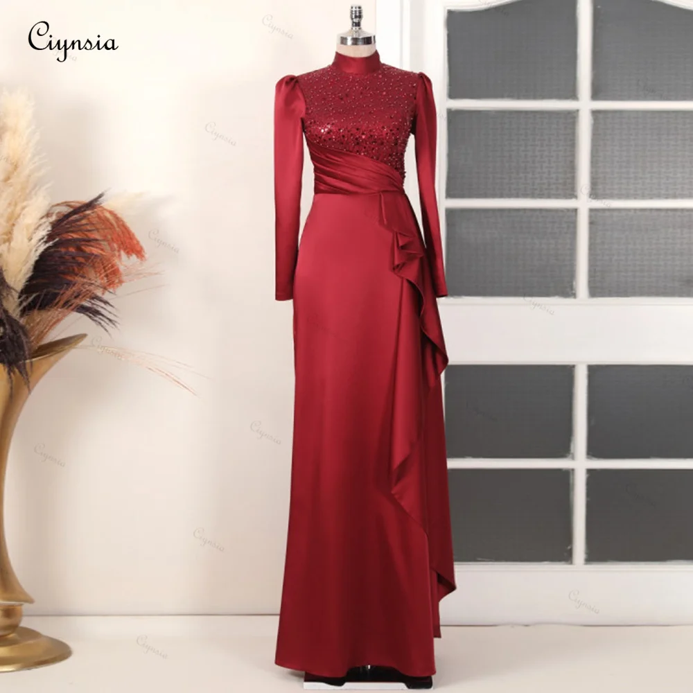 

Ciynsia Abendkleider Islamic Long Sleeve Evening Gown Women Elegant High Neck Burgundy Formal Dress 2025 Robe De Soiree Femmes