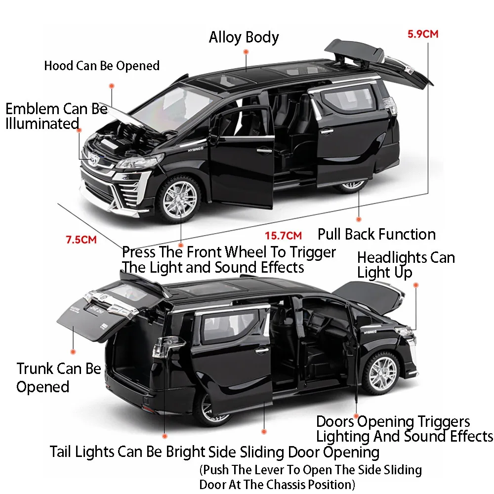 1:32 アルファード ヴェルファイア MPV おもちゃの車 モデル 合金ダイキャスト サウンドライト ドア開閉 サウンドライト プルバック式 装飾品 子供向けギフト