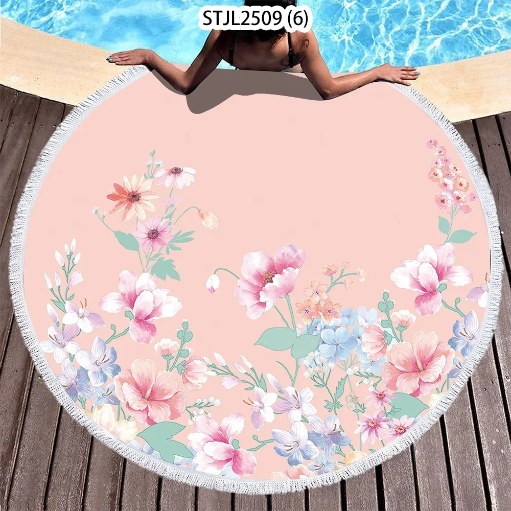 Beach Towel Round Tablecloth Blanket Thicken Digital Printing Microfiber Tapestry Tassel Flower Pattern Air Conditioner